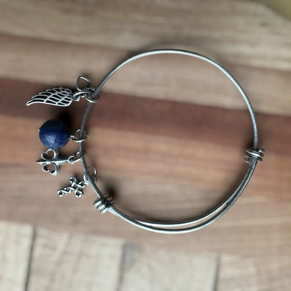 VTG Bangle Bracelet 7 Inch Adjust Cross Wing‎ FDL Lapis Bead 925 Sterling 10.7g